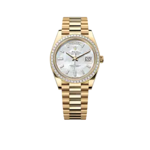 Rolex Day-Date 40 228398TBR Yellow Gold Mother of Pearl Diamond Baguette Dial and Bezel