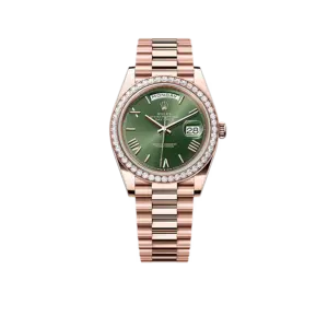 Rolex Day-Date President 40mm Everose Gold Olive Green Roman Dial Diamond Bezel - 228345RBR - New 2025