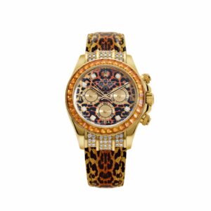 Rolex Daytona Leopard watch in 18k yellow gold with a leopard-print dial and strap