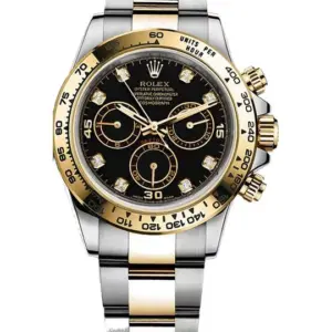 Rolex Cosmograph Daytona 116503 two-tone watch featuring a black dial with diamond hour markers