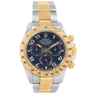Rolex Daytona ref. 116523 with a blue racing dial and yellow gold bezel