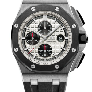 The Audemars Piguet Royal Oak Offshore 26400SO.OO.A002CA.01 features a distinct white "Méga Tapisserie" dial with black subdials - Premium Version